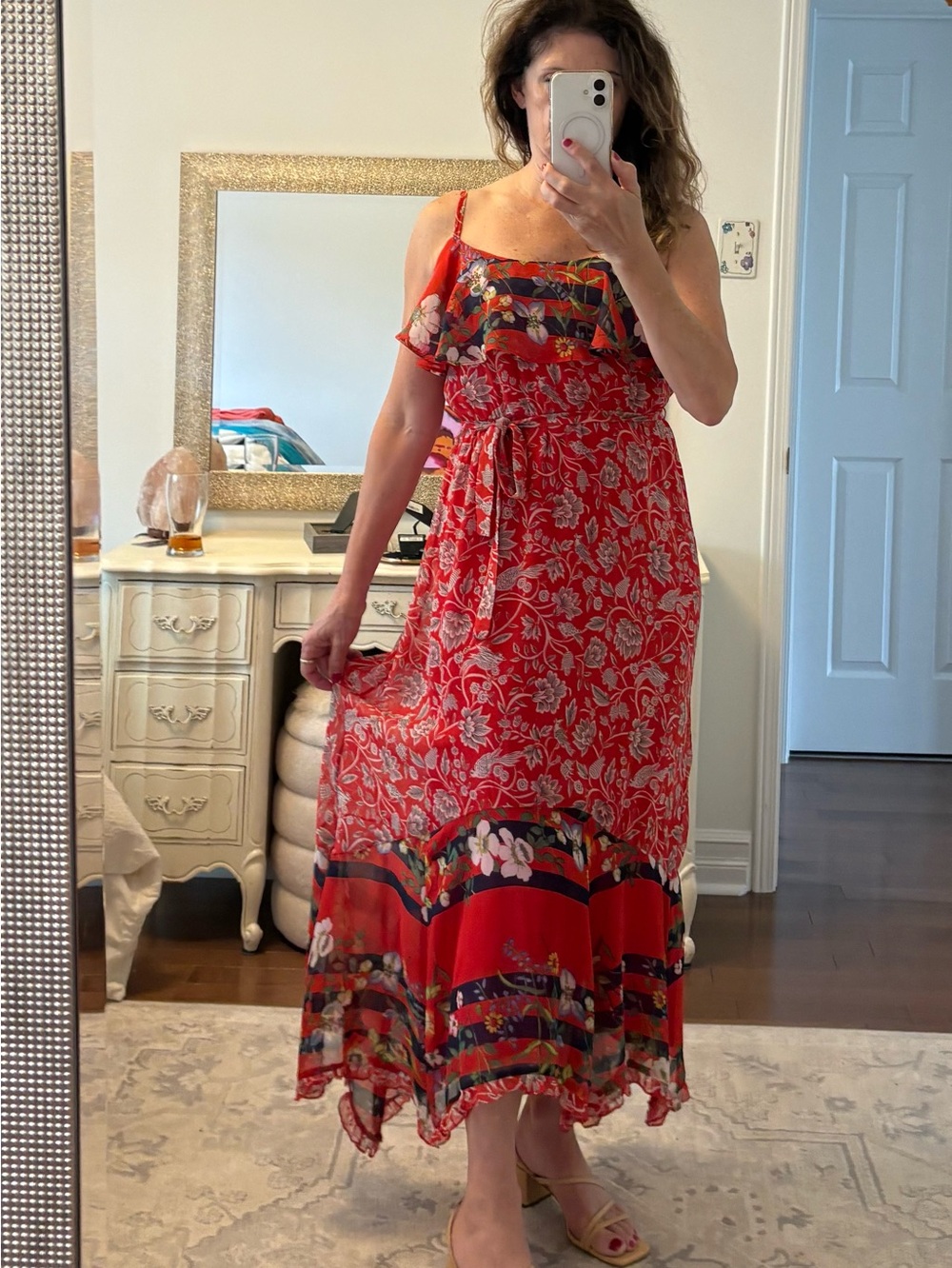 Anthropologie Red Floral Maxi Dress with Border Detail